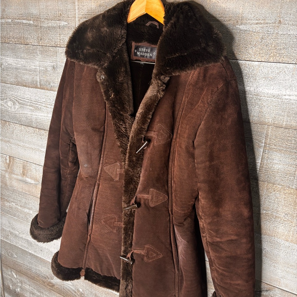 Steve Madden 100% leather Y2K penny lane Brown Faux Fur shearling Trimmed Jacket - Picture 2 of 6